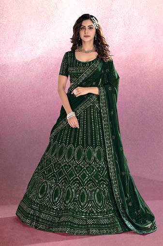 Bottle Green Embroidered Semi Stitched Lehenga and Unstitched Blouse With Dupatta