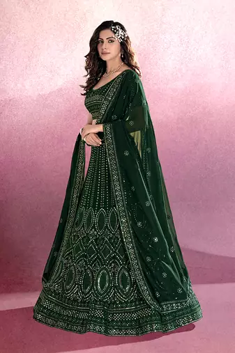 Bottle Green Embroidered Semi Stitched Lehenga and Unstitched Blouse With Dupatta