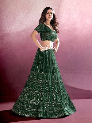 Bottle Green Embroidered Semi Stitched Lehenga and Unstitched Blouse With Dupatta 3
