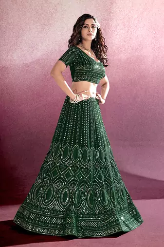 Bottle Green Embroidered Semi Stitched Lehenga and Unstitched Blouse With Dupatta