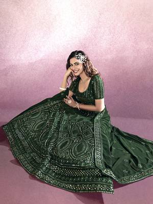 Bottle Green Embroidered Semi Stitched Lehenga and Unstitched Blouse With Dupatta 4