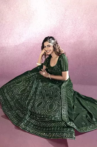 Bottle Green Embroidered Semi Stitched Lehenga and Unstitched Blouse With Dupatta