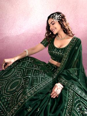 Bottle Green Embroidered Semi Stitched Lehenga and Unstitched Blouse With Dupatta 5