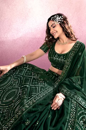 Bottle Green Embroidered Semi Stitched Lehenga and Unstitched Blouse With Dupatta