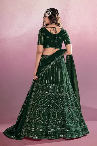 Bottle Green Embroidered Semi Stitched Lehenga and Unstitched Blouse With Dupatta