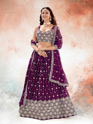 Wine Purple Embroidered Semi Stitched Lehenga and Unstitched Blouse With Dupatta 1