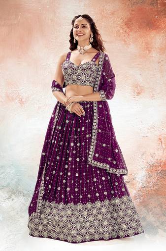 Wine Purple Embroidered Semi Stitched Lehenga and Unstitched Blouse With Dupatta