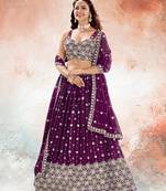 Wine Purple Embroidered Semi Stitched Lehenga and Unstitched Blouse With Dupatta