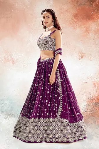 Wine Purple Embroidered Semi Stitched Lehenga and Unstitched Blouse With Dupatta