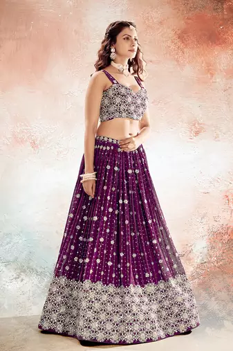 Wine Purple Embroidered Semi Stitched Lehenga and Unstitched Blouse With Dupatta