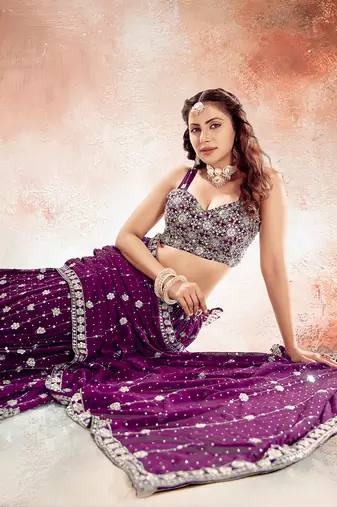 Wine Purple Embroidered Semi Stitched Lehenga and Unstitched Blouse With Dupatta