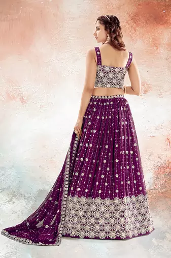 Wine Purple Embroidered Semi Stitched Lehenga and Unstitched Blouse With Dupatta
