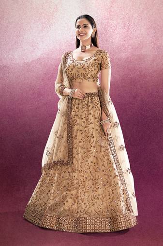 Beige Embroidered Semi Stitched Lehenga and Unstitched Blouse With Dupatta