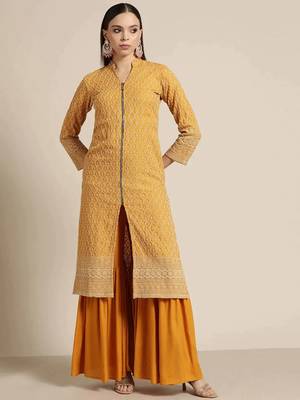 Mustard Embroidered Viscose rayon Women Kurta set 1