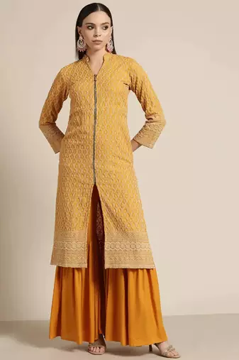 Mustard Embroidered Viscose rayon Women Kurta set