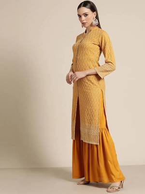 Mustard Embroidered Viscose rayon Women Kurta set 3
