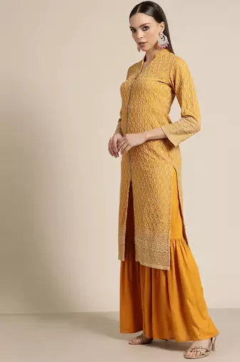 Mustard Embroidered Viscose rayon Women Kurta set