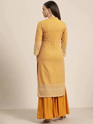Mustard Embroidered Viscose rayon Women Kurta set 4