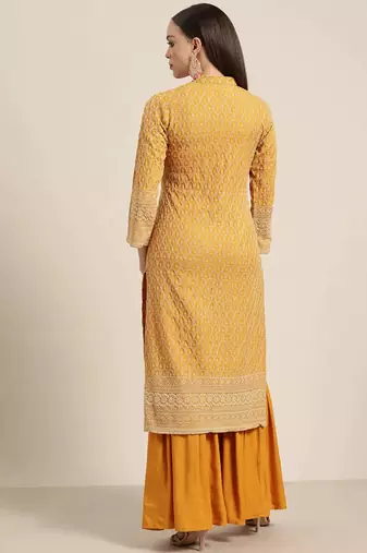 Mustard Embroidered Viscose rayon Women Kurta set