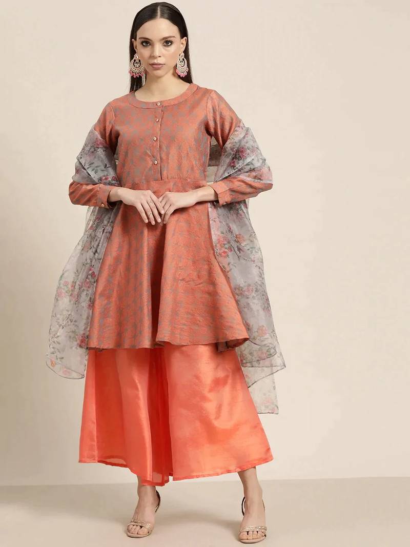 Orange Printed Dupion Silk Women Kurta set