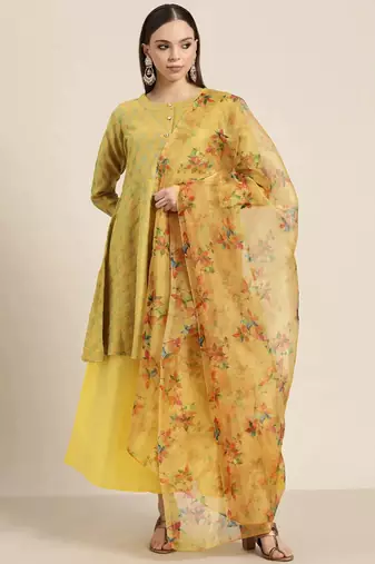 Yellow Printed Dupion Silk Women Kurta set