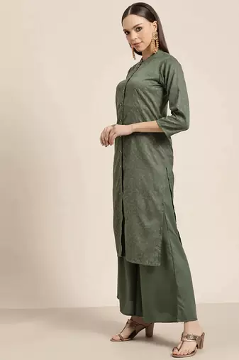 Maroon Embroidered Cotton blend Women Kurta set