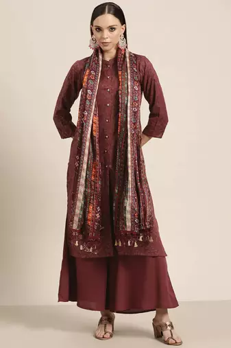 Maroon Embroidered Cotton blend Women Kurta set