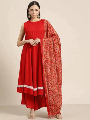 Red Printed Viscose rayon Women Kurta set 1