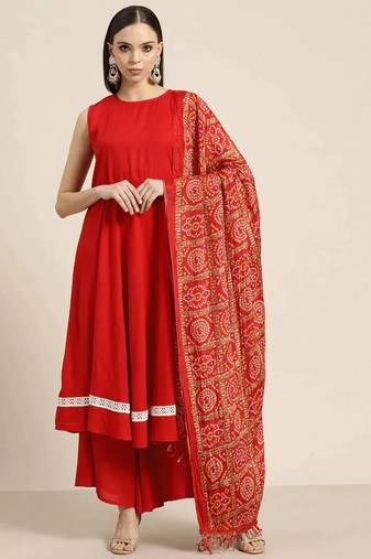 Red Printed Viscose rayon Women Kurta set