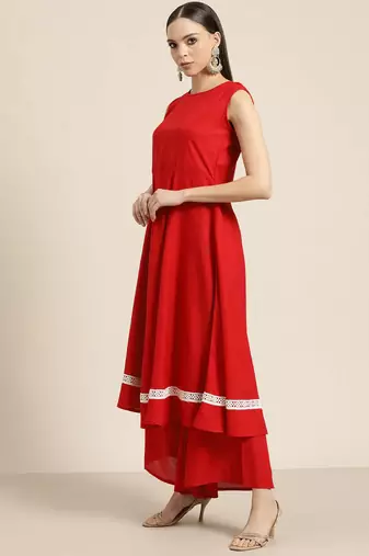 Red Printed Viscose rayon Women Kurta set