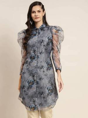 Grey Printed Organza Women Kurta & Kurtis 1