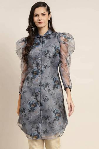 Grey Printed Organza Women Kurta & Kurtis