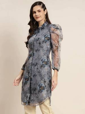 Grey Printed Organza Women Kurta & Kurtis 3