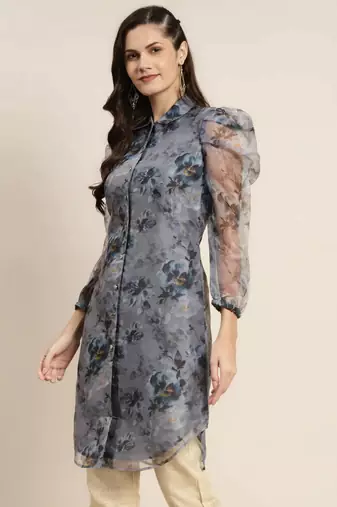 Grey Printed Organza Women Kurta & Kurtis