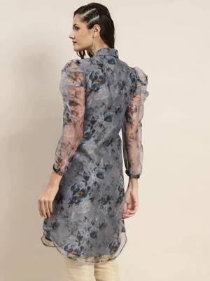Grey Printed Organza Women Kurta & Kurtis 4