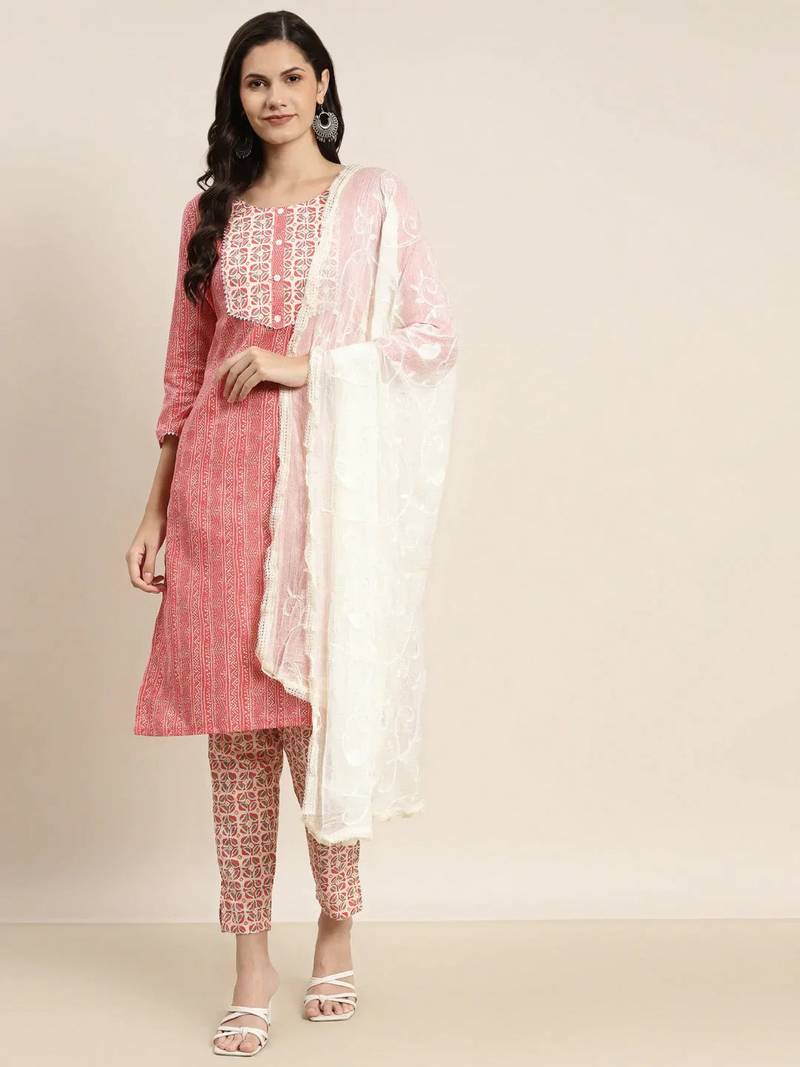 Red Printed Cotton Women Kurta set