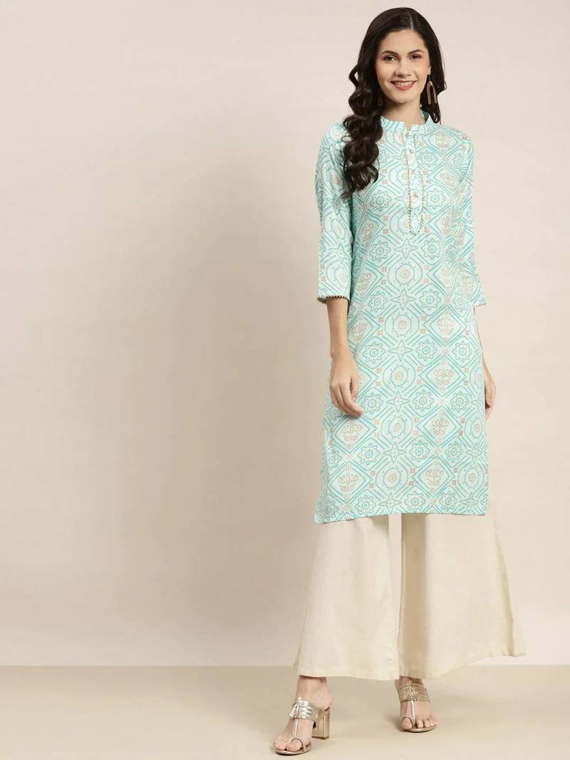 Green Printed Rayon Women Kurta & Kurtis