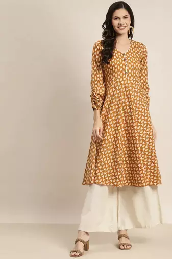 Yellow Printed Cotton Women Kurta & Kurtis