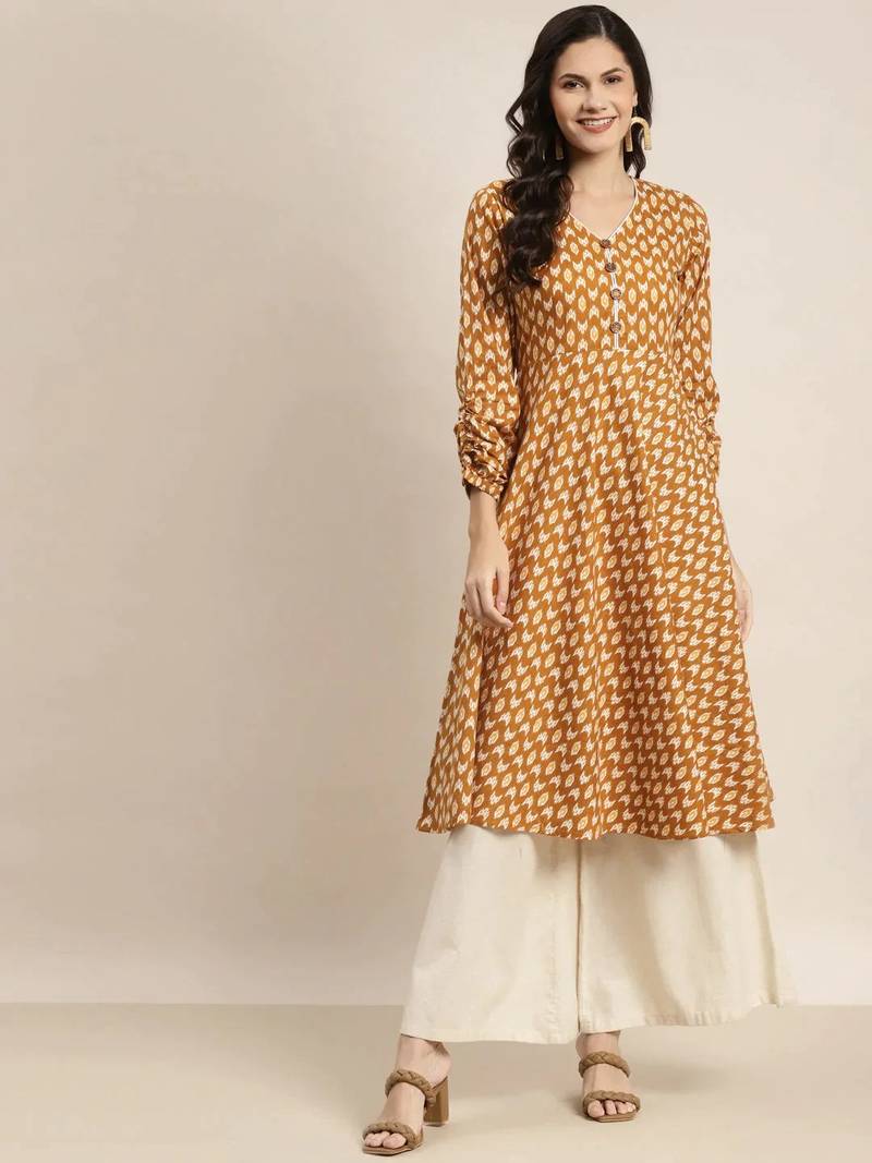 Yellow Printed Cotton Women Kurta & Kurtis