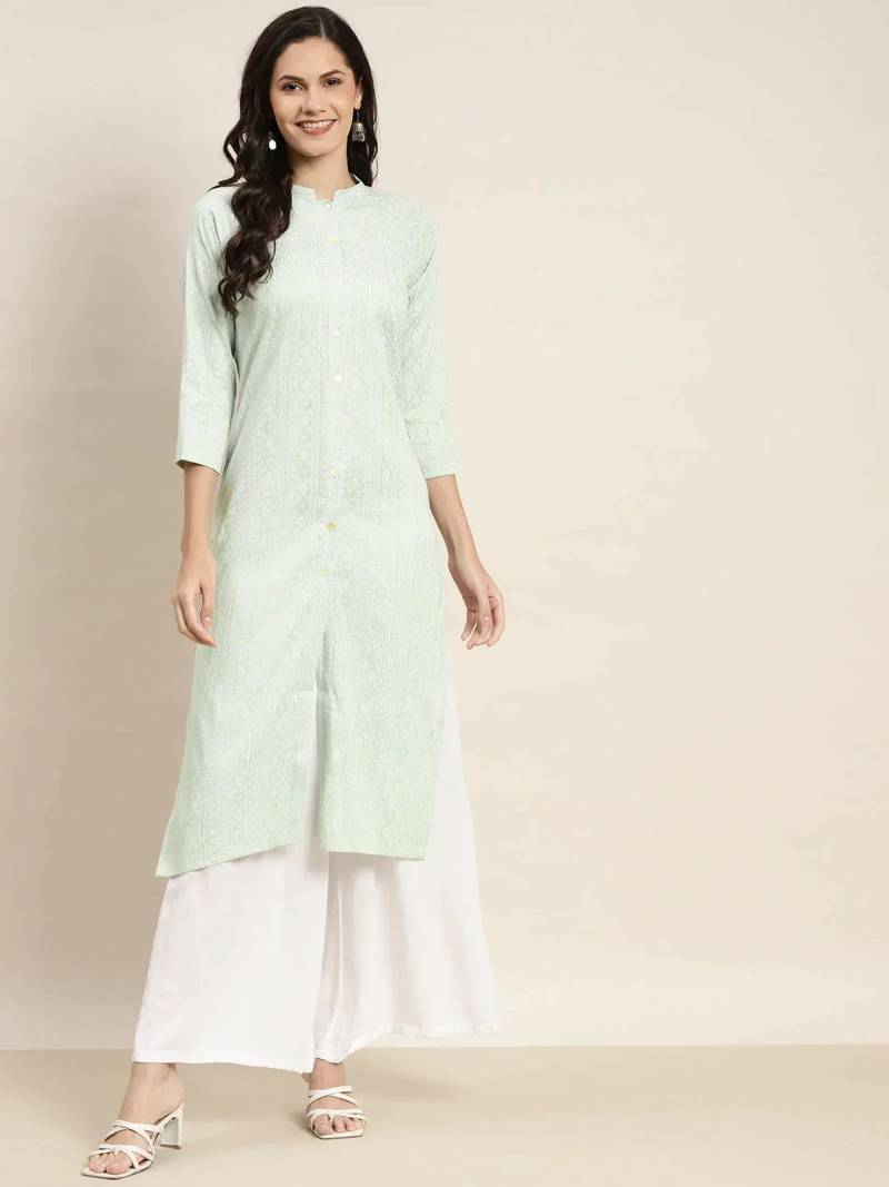 Green Printed Cotton Women Kurta & Kurtis
