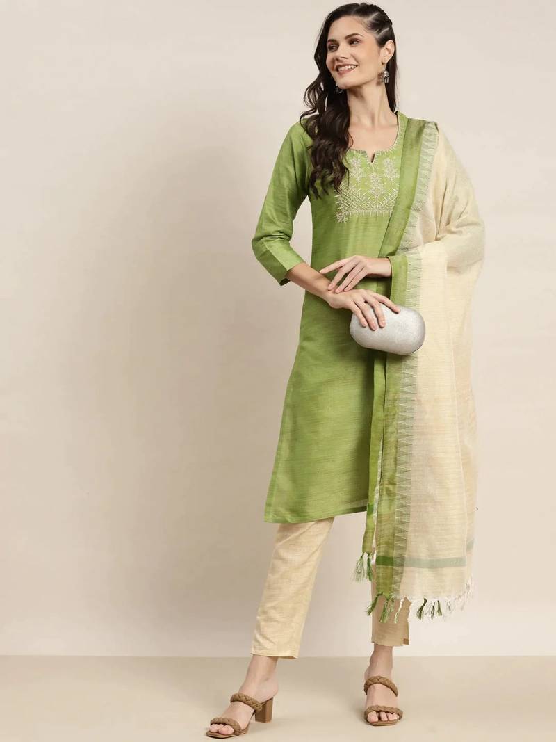 Green Yoke Design Cotton Women Kurta set