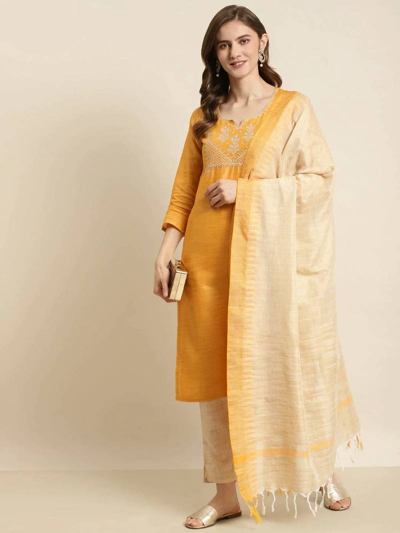 Yellow Yoke Design Cotton Women Kurta set