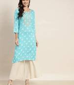 Sky Blue Printed Viscose rayon Women Kurta & Kurtis
