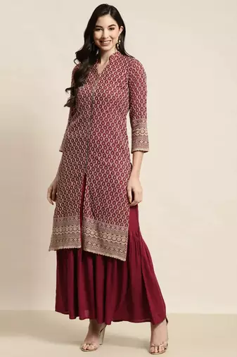 Maroon Embroidered Viscose rayon Women Kurta set