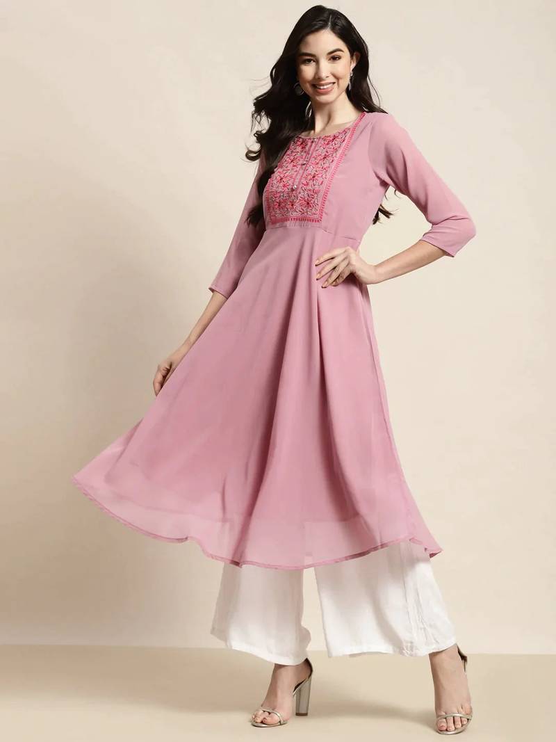 Pink Yoke Design Georgette Women Kurta & Kurtis