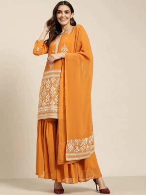 Orange Printed Georgette Women Kurta set 1