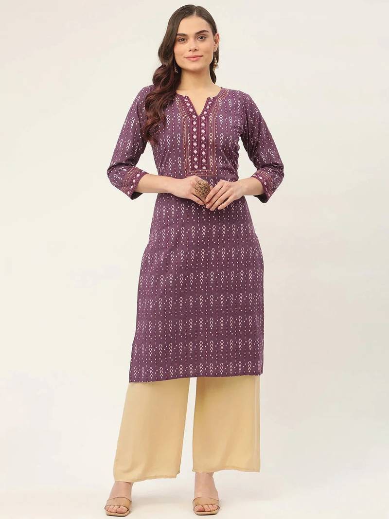 Purple Printed Cotton Women Kurta & Kurtis