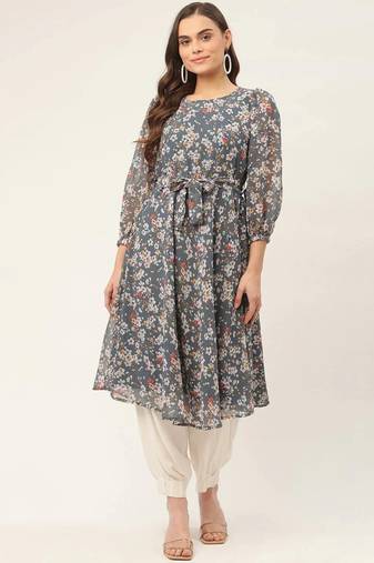 Grey Printed Georgette Women Kurta & Kurtis