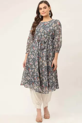 Grey Printed Georgette Women Kurta & Kurtis