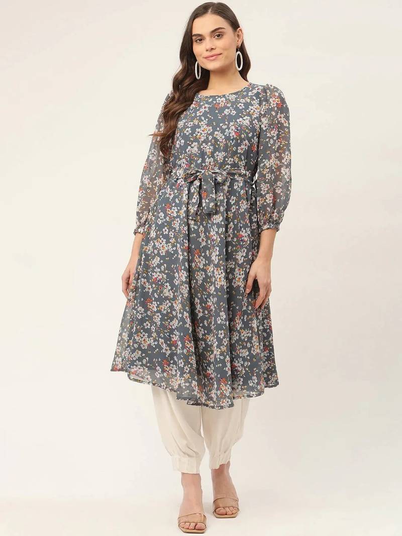 Grey Printed Georgette Women Kurta & Kurtis